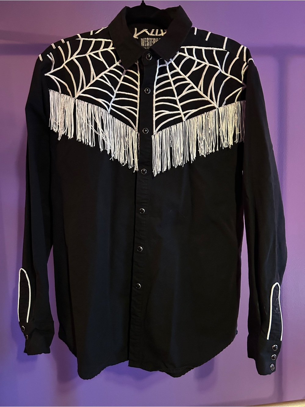 Western Evil Fringe Spiderweb Embroidered Black Men's Shirt Jacket